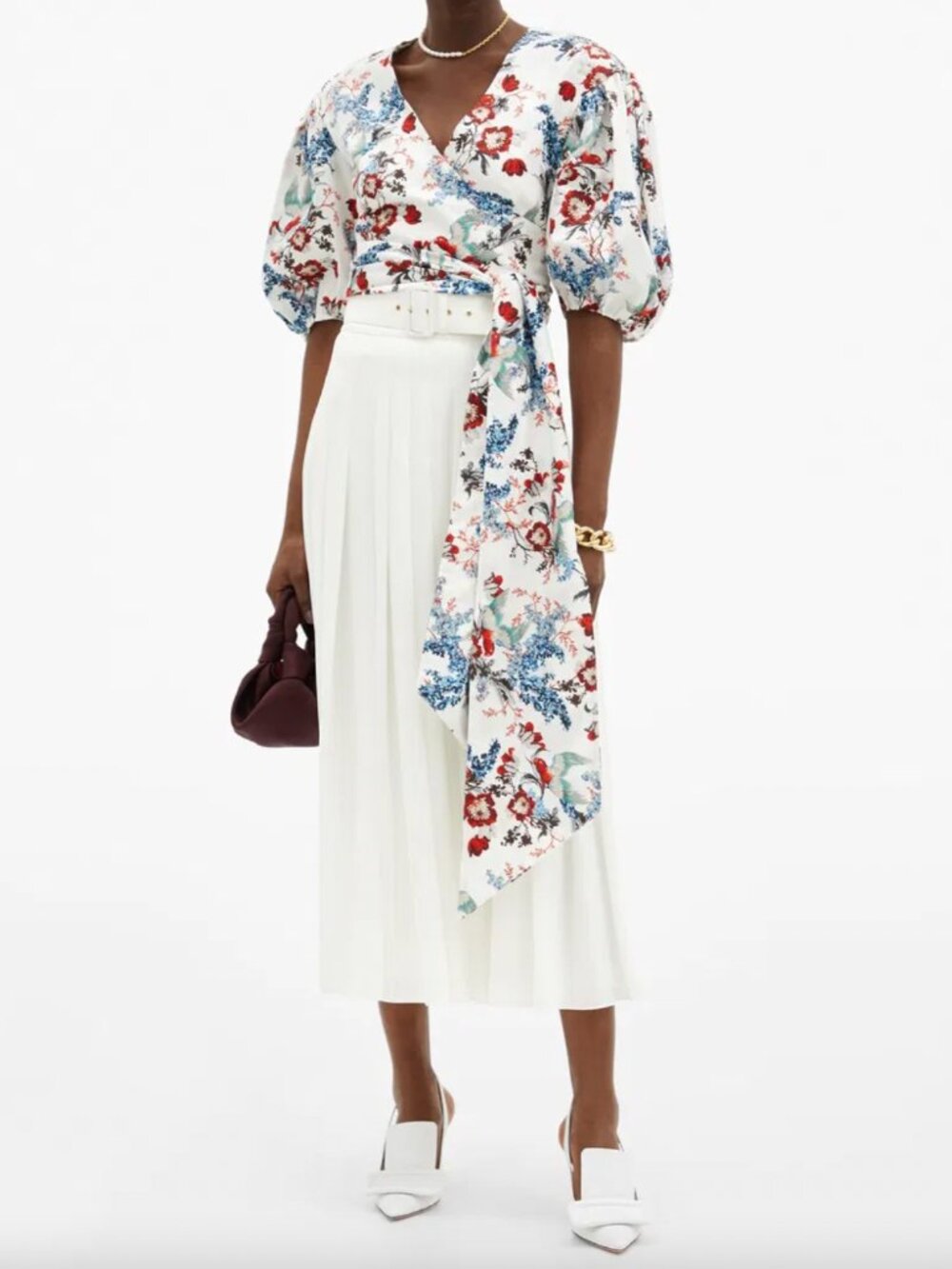 $825 ERDEM White Multi Floral Wrap Cropped Cylenne Bird Blossom Blouse Top sz 4